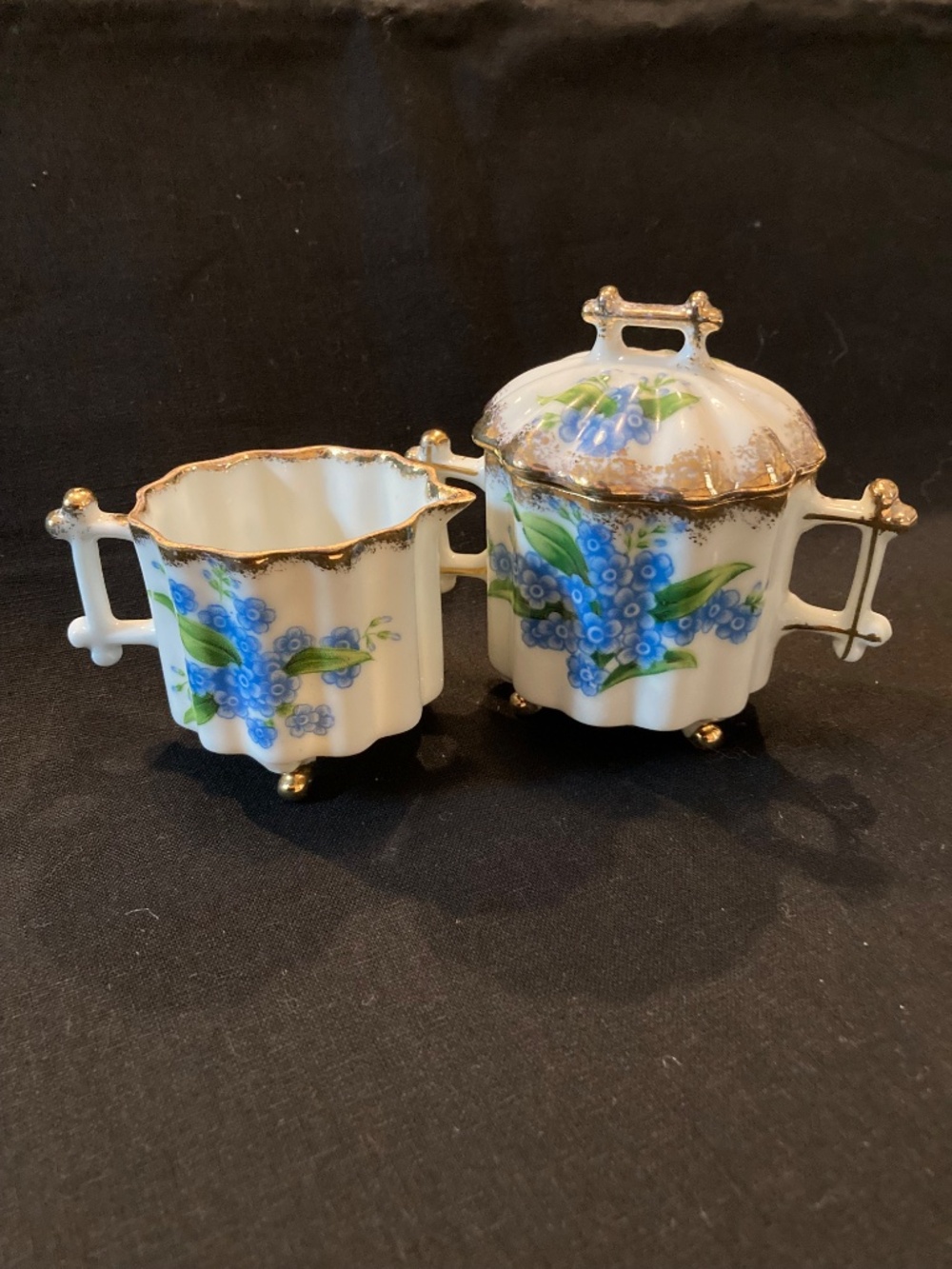 Antique Blue Floral Porcelain Lidded Sugar Bowl & Creamer Set
